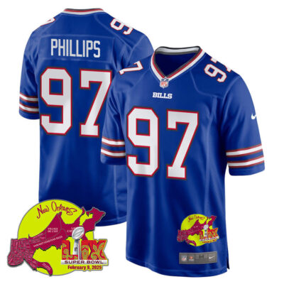 Jordan Phillips 97 Buffalo Bills Super Bowl LIX New Orleans Patch Game Men Jersey - Royal