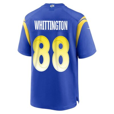 Alternative view of Jordan Whittington 88 Los Angeles Rams Super Bowl LIX New Orleans Patch Game Men Jersey - Royal