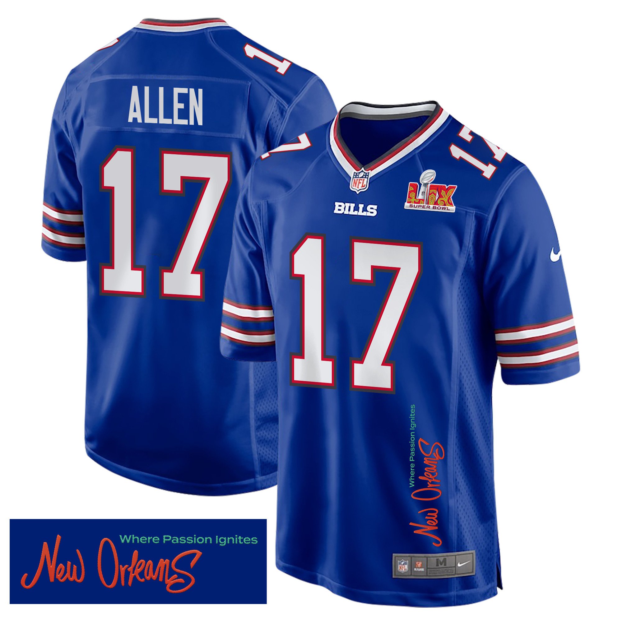 Josh Allen 17 Buffalo Bills Super Bowl LIX 'New Orleans - Where Passion Ignites' Game Men Jersey - Royal