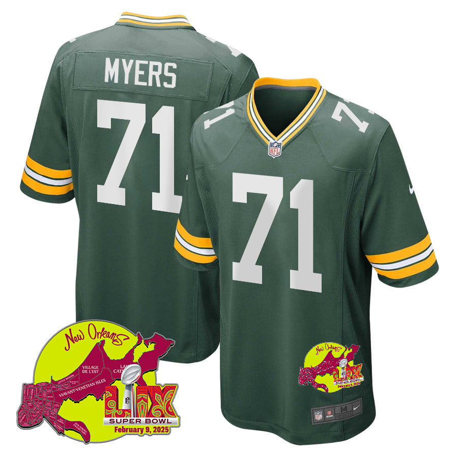 Josh Myers 71 Green Bay Packers Super Bowl LIX New Orleans Patch Game Men Jersey - Green