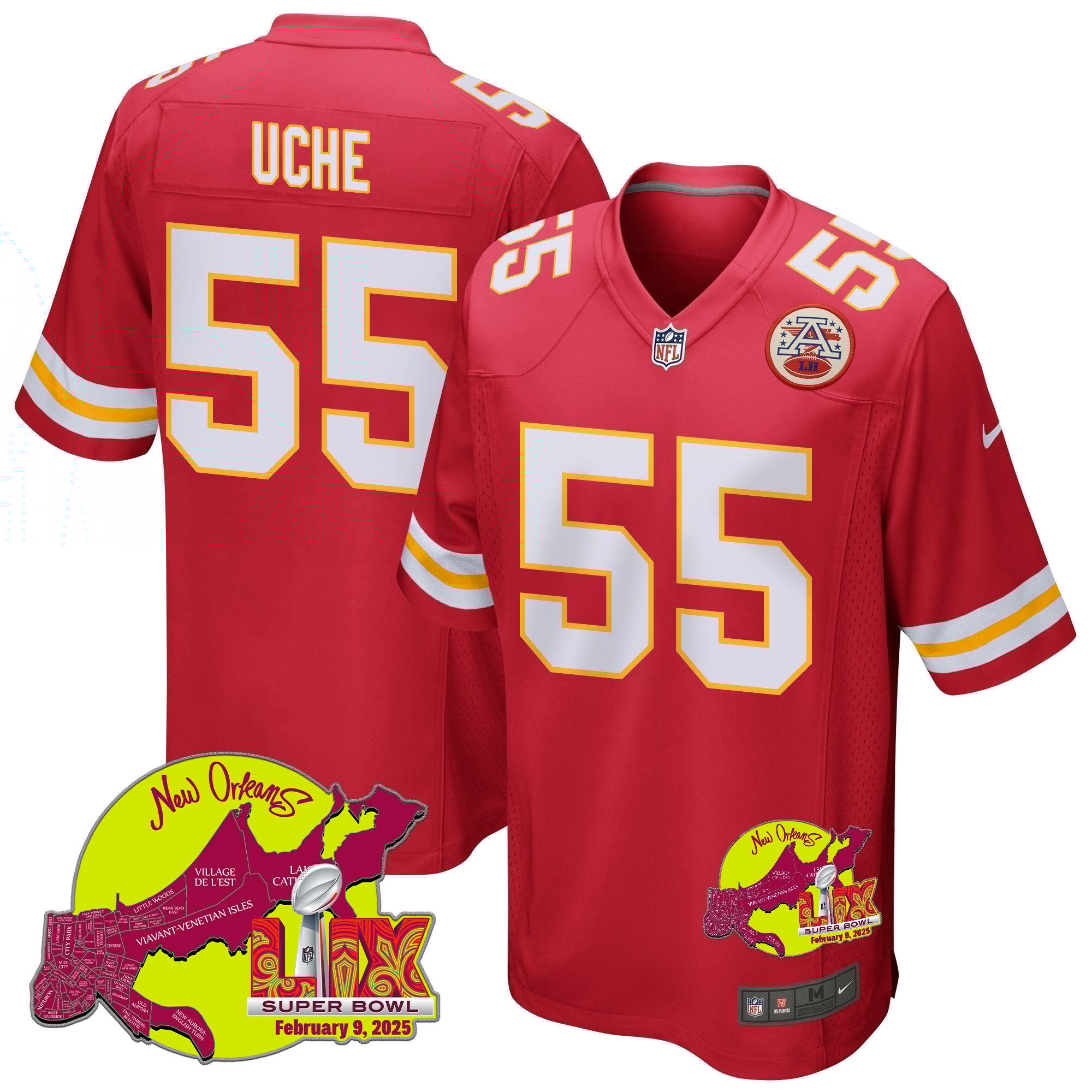 Joshua Uche 55 Kansas City Chiefs Super Bowl LIX New Orleans Patch Game Men Jersey - Red