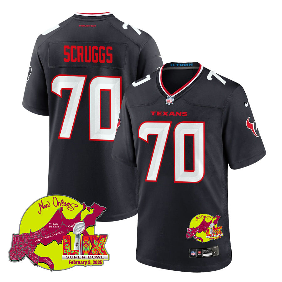 Juice Scruggs 70 Houston Texans Super Bowl LIX New Orleans Patch Game Men Jersey - Navy