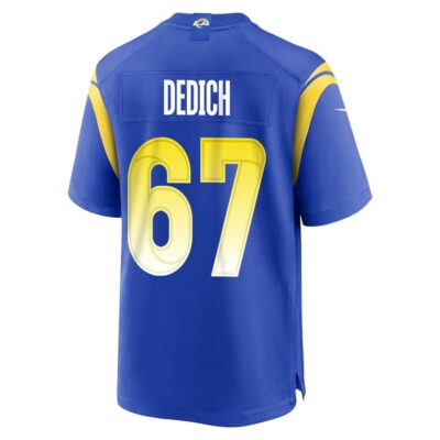 Alternative view of Justin Dedich 67 Los Angeles Rams Super Bowl LIX New Orleans Patch Game Men Jersey - Royal