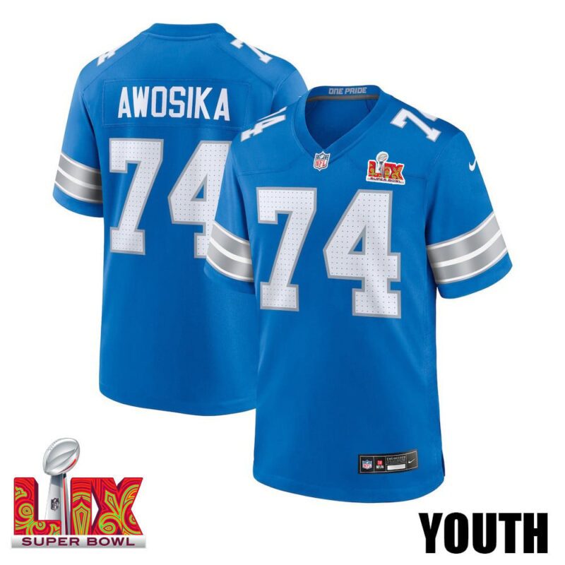 Kayode Awosika #74 Detroit Lions Super Bowl LIX Youth Jersey - Blue