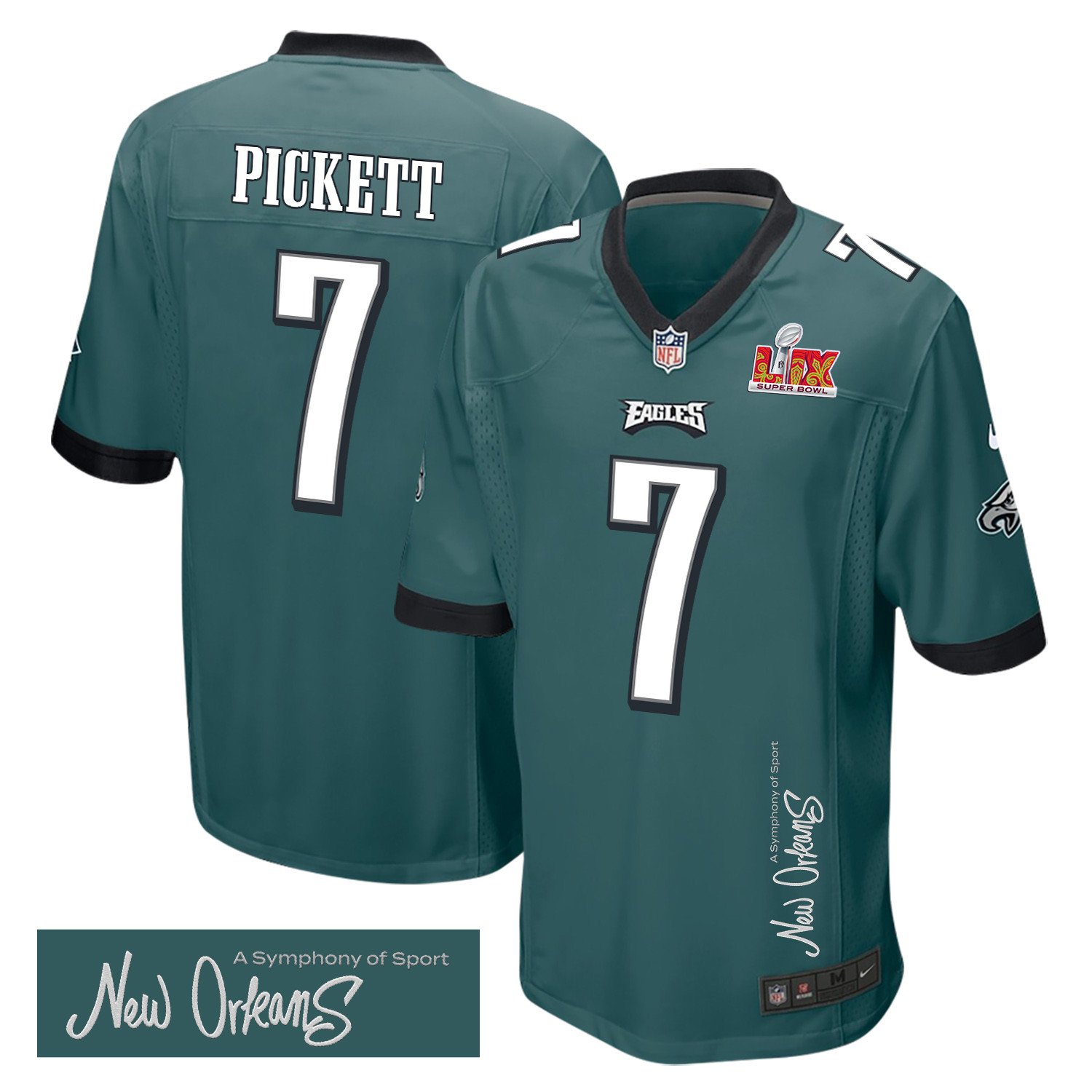Kenny Pickett 7 Philadelphia Eagles Super Bowl LIX 'New Orleans - A Symphony of Sport' Game Men Jersey - Midnight Green