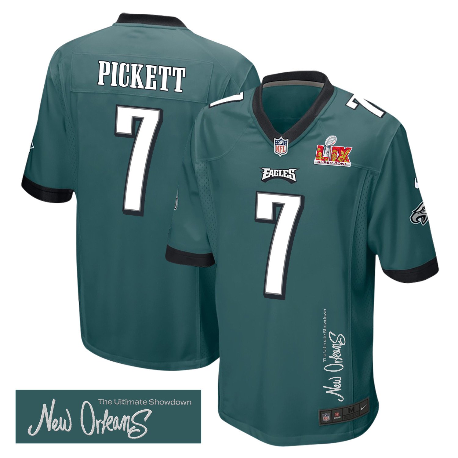 Kenny Pickett 7 Philadelphia Eagles Super Bowl LIX 'New Orleans - The Ultimate Showdown' Game Men Jersey - Midnight Green