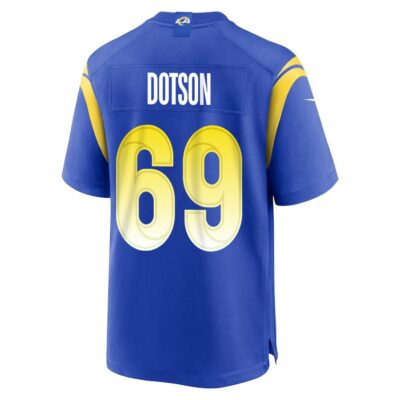 Alternative view of Kevin Dotson 69 Los Angeles Rams Super Bowl LIX New Orleans Patch Game Men Jersey - Royal