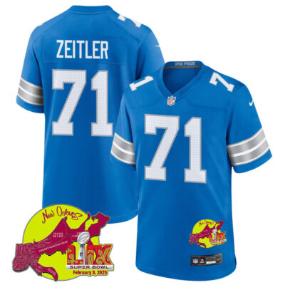 Kevin Zeitler 71 Detroit Lions Super Bowl LIX New Orleans Patch Game Men Jersey - Blue