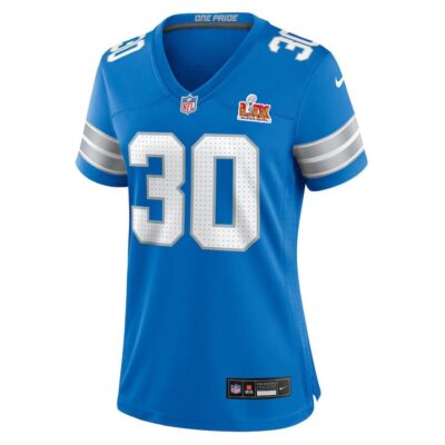 Alternative view of Khalil Dorsey #30 Detroit Lions Super Bowl LIX Women's Jersey - Blue