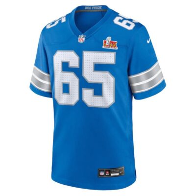 Alternative view of Kingsley Eguakun #65 Detroit Lions Super Bowl LIX Jersey - Men's - Blue