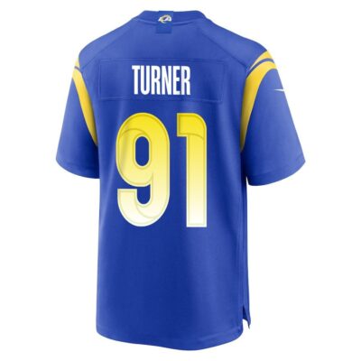 Alternative view of Kobie Turner 91 Los Angeles Rams Super Bowl LIX New Orleans Patch Game Men Jersey - Royal