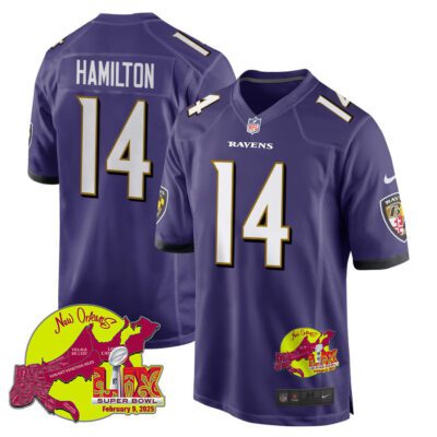 Kyle Hamilton 14 Baltimore Ravens Super Bowl LIX New Orleans Patch Game Men Jersey - Purple