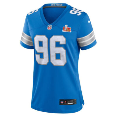 Alternative view of Kyle Peko #96 Detroit Lions Super Bowl LIX Women's Jersey - Blue
