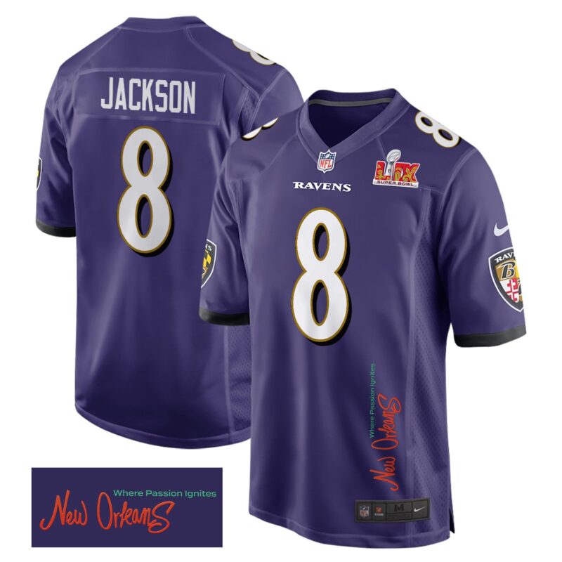 Lamar Jackson 8 Baltimore Ravens Super Bowl LIX 'New Orleans - Where Passion Ignites' Game Men Jersey - Purple