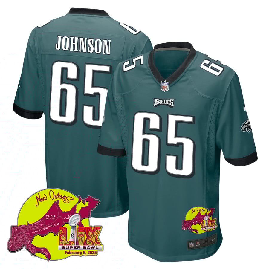 Lane Johnson 65 Philadelphia Eagles Super Bowl LIX New Orleans Patch Game Men Jersey - Midnight Green