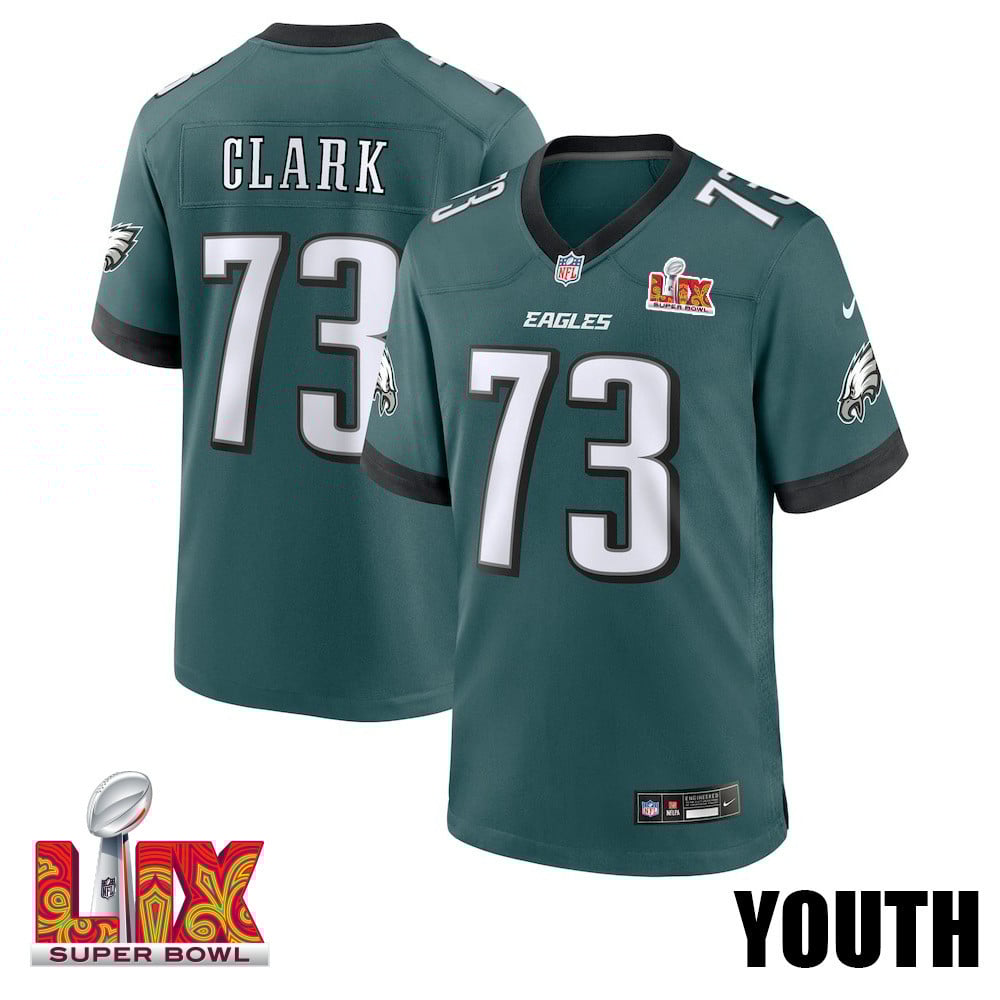 Le'Raven Clark #73 Philadelphia Eagles Super Bowl LIX Youth Jersey - Midnight Green