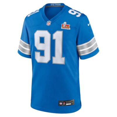 Alternative view of Levi Onwuzurike #91 Detroit Lions Super Bowl LIX Youth Jersey - Blue