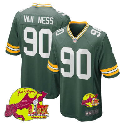 Lukas Van Ness 90 Green Bay Packers Super Bowl LIX New Orleans Patch Game Men Jersey - Green