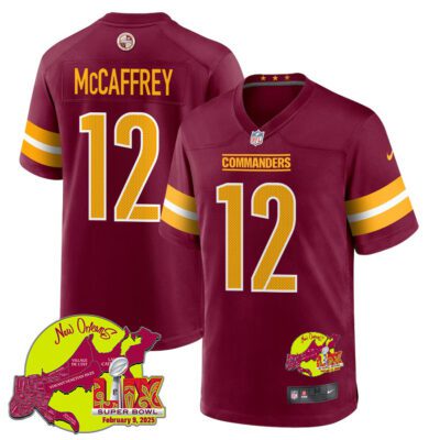 Luke McCaffrey 12 Washington Commanders Super Bowl LIX New Orleans Patch Game Men Jersey - Burgundy