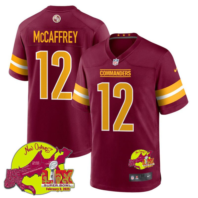 Luke McCaffrey 12 Washington Commanders Super Bowl LIX New Orleans Patch Game Men Jersey - Burgundy