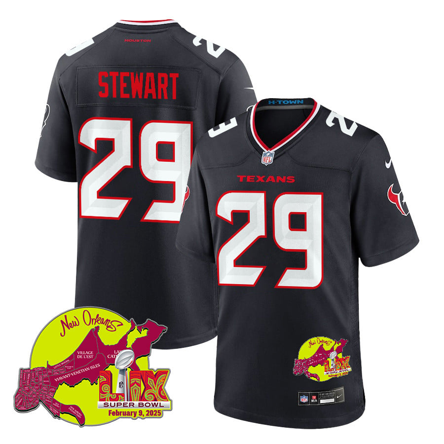 M.J. Stewart 29 Houston Texans Super Bowl LIX New Orleans Patch Game Men Jersey - Navy