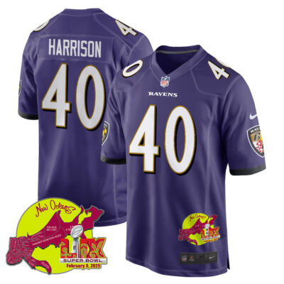 Malik Harrison 40 Baltimore Ravens Super Bowl LIX New Orleans Patch Game Men Jersey - Purple