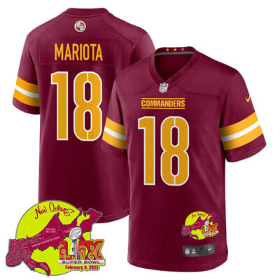 Marcus Mariota 18 Washington Commanders Super Bowl LIX New Orleans Patch Game Men Jersey - Burgundy