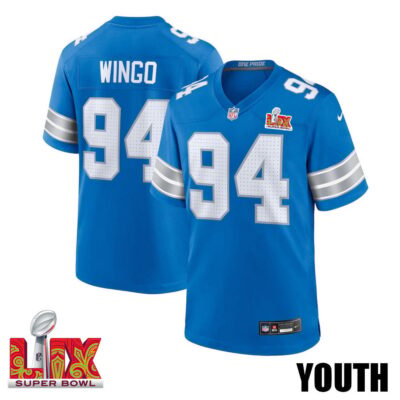 Mekhi Wingo #94 Detroit Lions Super Bowl LIX Youth Jersey - Blue