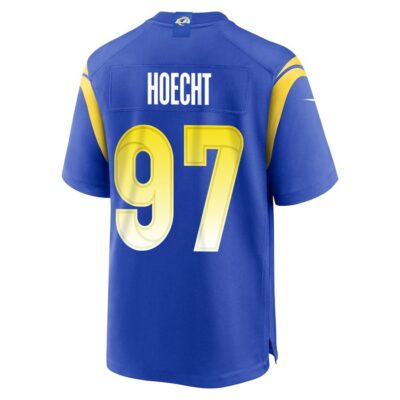 Alternative view of Michael Hoecht 97 Los Angeles Rams Super Bowl LIX New Orleans Patch Game Men Jersey - Royal