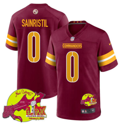 Mike Sainristil 0 Washington Commanders Super Bowl LIX New Orleans Patch Game Men Jersey - Burgundy