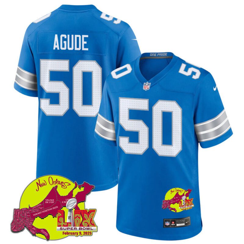 Mitchell Agude 50 Detroit Lions Super Bowl LIX New Orleans Patch Game Men Jersey - Blue