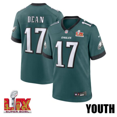 Nakobe Dean #17 Philadelphia Eagles Super Bowl LIX Youth Jersey - Midnight Green