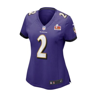 Alternative view of Nate Wiggins #2 Baltimore Ravens Super Bowl LIX Women's Jersey - Purple