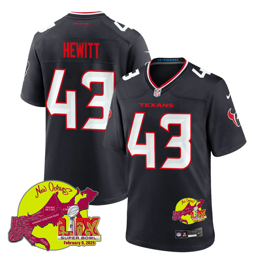 Neville Hewitt 43 Houston Texans Super Bowl LIX New Orleans Patch Game Men Jersey - Navy