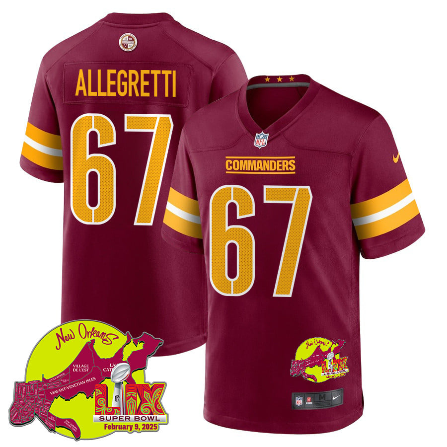 Nick Allegretti 67 Washington Commanders Super Bowl LIX New Orleans Patch Game Men Jersey - Burgundy