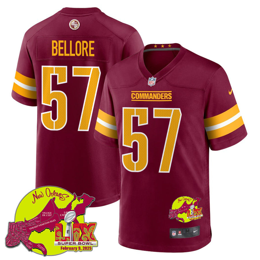 Nick Bellore 57 Washington Commanders Super Bowl LIX New Orleans Patch Game Men Jersey - Burgundy