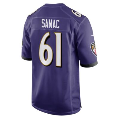 Alternative view of Nick Samac 61 Baltimore Ravens Super Bowl LIX New Orleans Patch Game Men Jersey - Purple