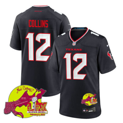 Nico Collins 12 Houston Texans Super Bowl LIX New Orleans Patch Game Men Jersey - Navy