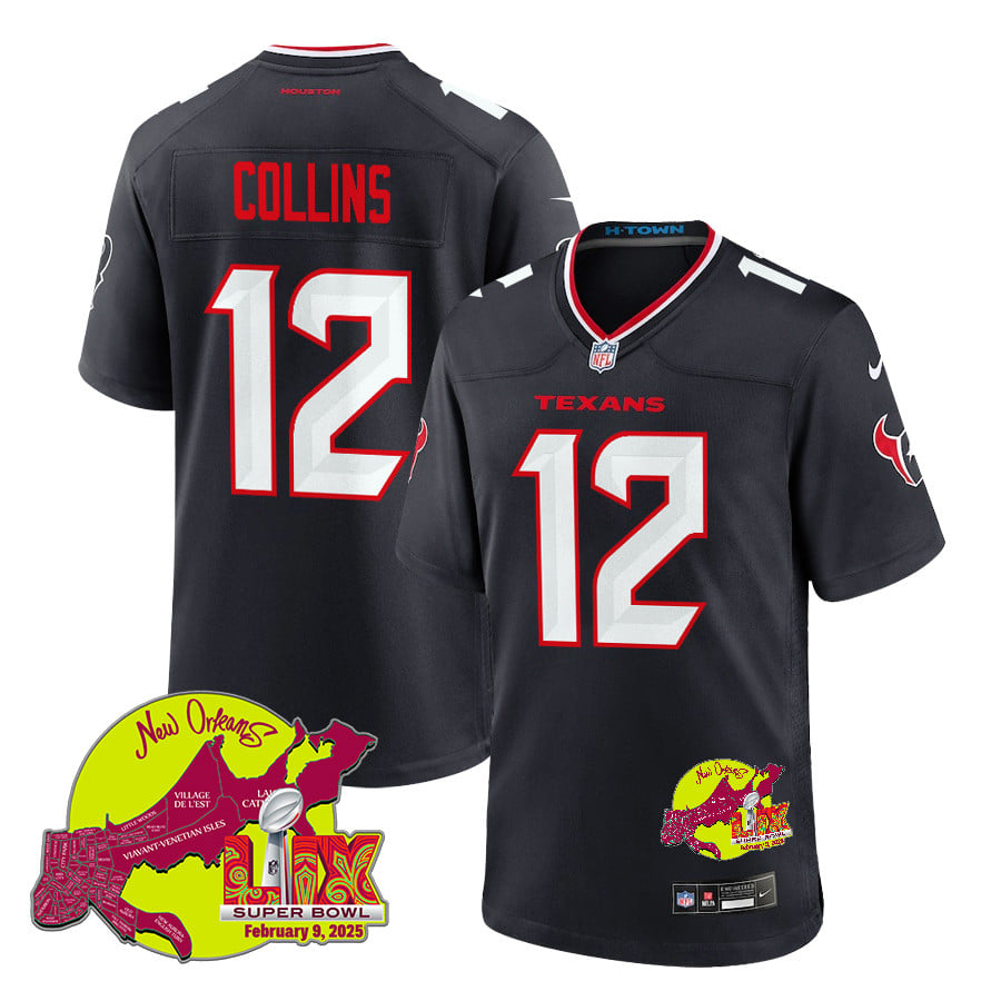 Nico Collins 12 Houston Texans Super Bowl LIX New Orleans Patch Game Men Jersey - Navy