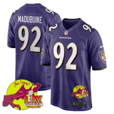 Nnamdi Madubuike 92 Baltimore Ravens Super Bowl LIX New Orleans Patch Game Men Jersey - Purple
