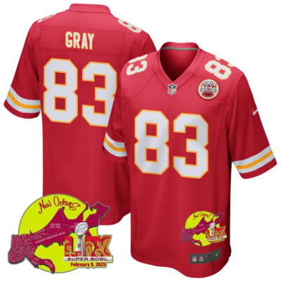 Noah Gray 83 Kansas City Chiefs Super Bowl LIX New Orleans Patch Game Men Jersey - Red