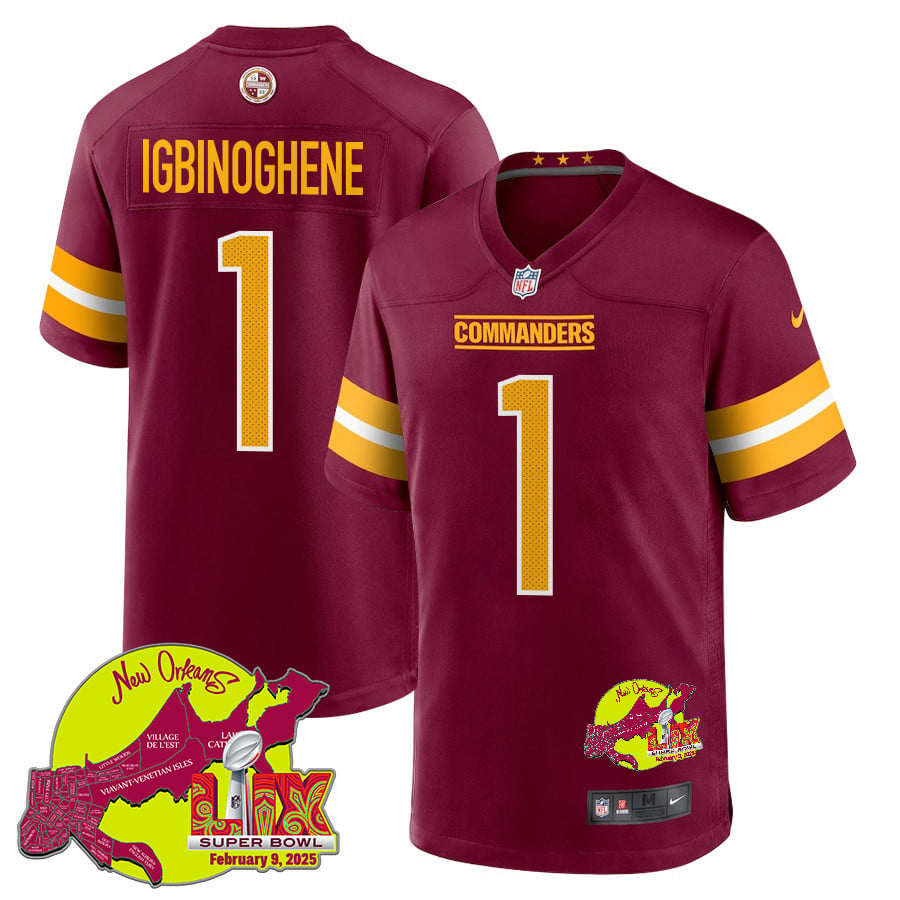 Noah Igbinoghene 1 Washington Commanders Super Bowl LIX New Orleans Patch Game Men Jersey - Burgundy