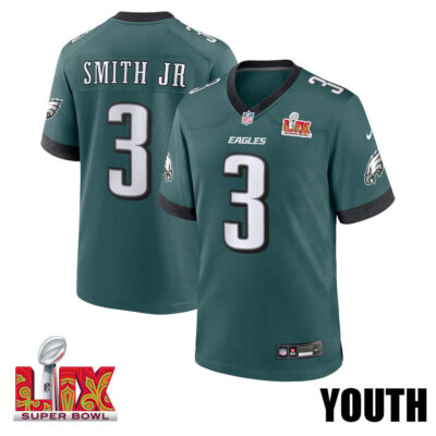Nolan Smith Jr. #3 Philadelphia Eagles Super Bowl LIX Youth Jersey - Midnight Green
