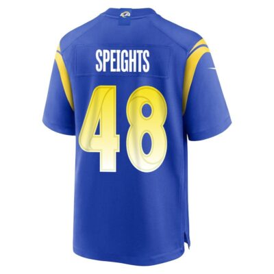 Alternative view of Omar Speights 48 Los Angeles Rams Super Bowl LIX New Orleans Patch Game Men Jersey - Royal