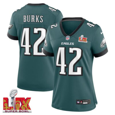 Oren Burks #42 Philadelphia Eagles Super Bowl LIX Women's Jersey - Midnight Green