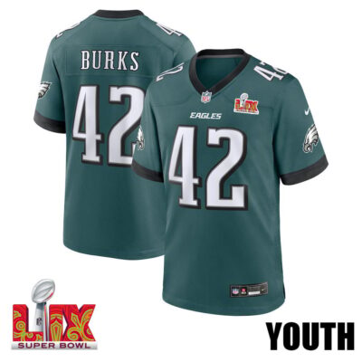 Oren Burks #42 Philadelphia Eagles Super Bowl LIX Youth Jersey - Midnight Green