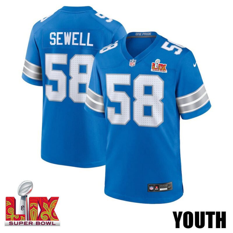 Penei Sewell #58 Detroit Lions Super Bowl LIX Youth Jersey - Blue