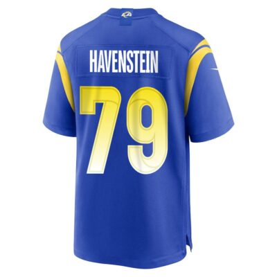 Alternative view of Rob Havenstein 79 Los Angeles Rams Super Bowl LIX New Orleans Patch Game Men Jersey - Royal
