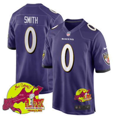 Roquan Smith 0 Baltimore Ravens Super Bowl LIX New Orleans Patch Game Men Jersey - Purple