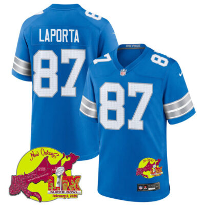 Sam LaPorta 87 Detroit Lions Super Bowl LIX New Orleans Patch Game Men Jersey - Blue